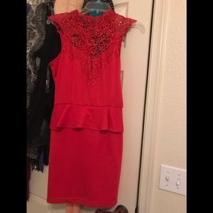 Red high neck lace dress